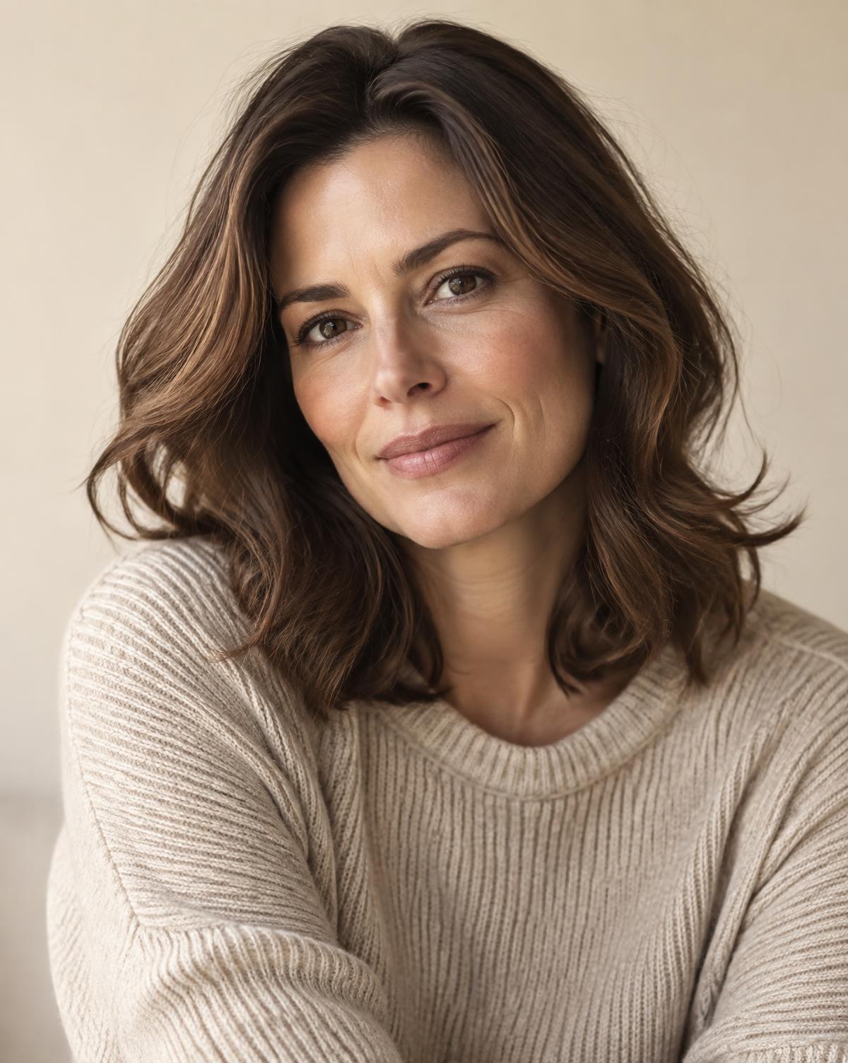 Woman with glossy shoulder-length brunette hair