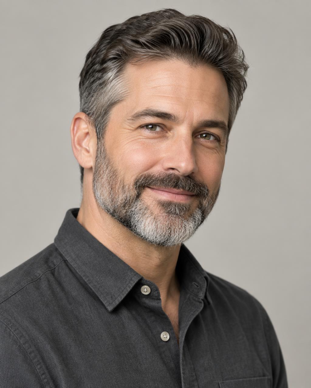 Man with a neatly shaped salt-and-pepper beard